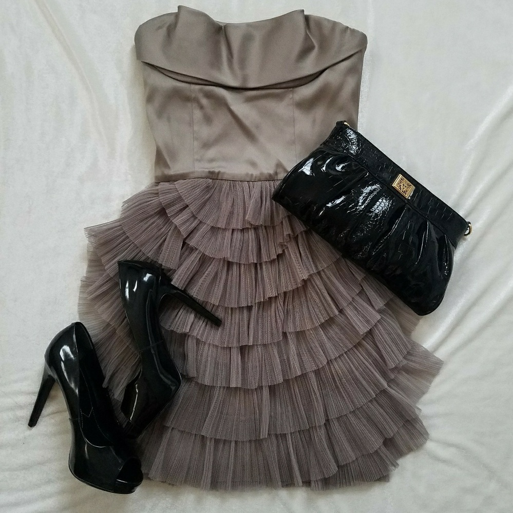 BCBG strapless ruffled Hazelnut cocktail dress